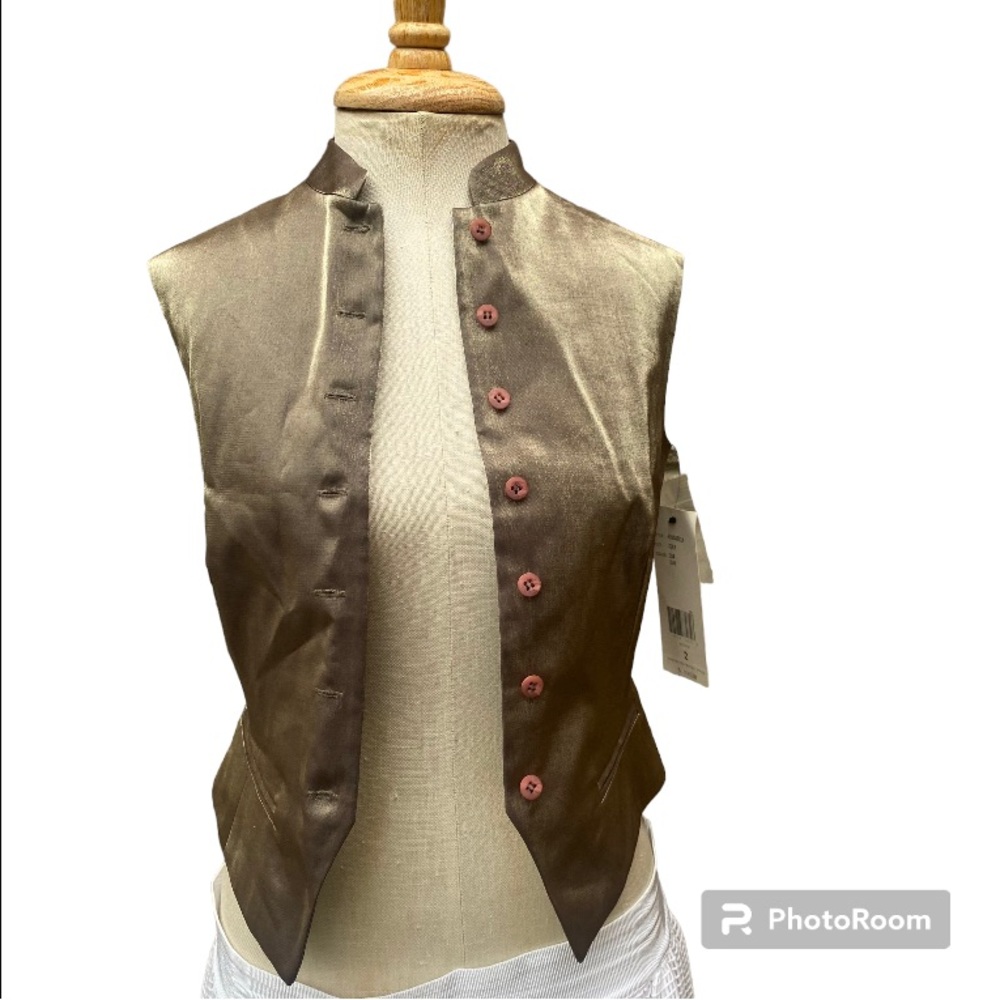 Vintage New NWT Anne Klein II bronze shimmer metallic button up vest petite 2